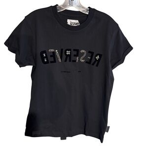 izzue NWT Black Embellished Logo Tee Size Medium Rhinestone Beaded Cotton